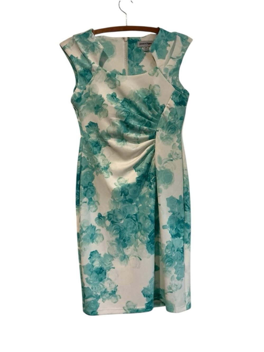 Shelby & Palmer Floral Sheath Dress Size 6 Blue White Ruched Elegant Midi - Picture 2 of 8